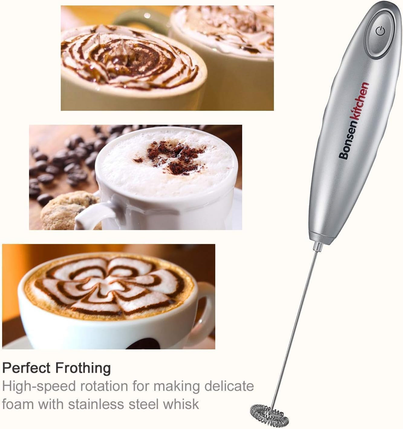 "🥛✨ Handheld Milk Frother for Coffee, Matcha, Hot Chocolate, Battery Operated Mini Drink Mixer in Silver. Get your foam on!"