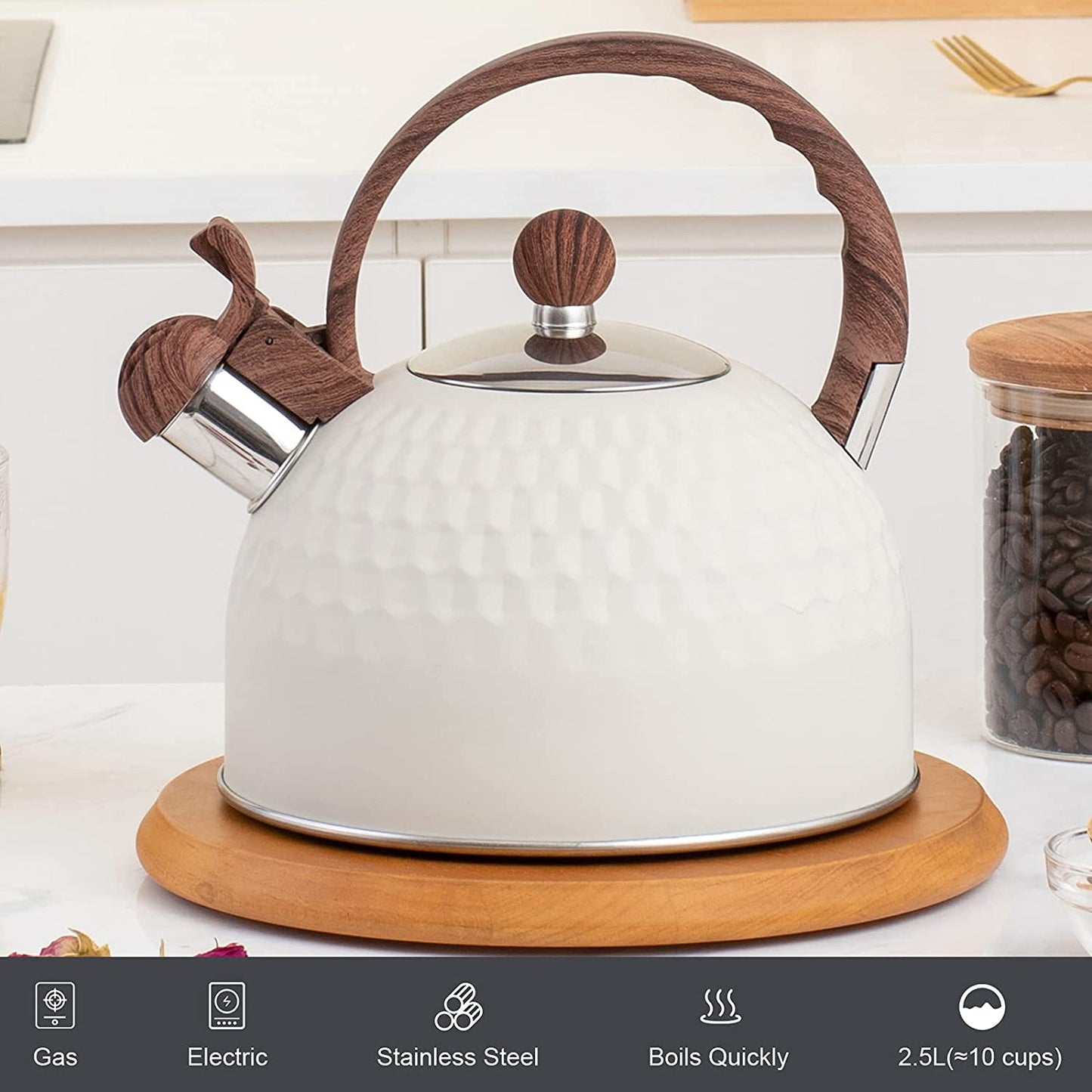 "🌿 Stylish Whistling Tea Kettle with Wood Grain Handle and Cover! 2.6 Quart Capacity 🍵 #TeaTime"