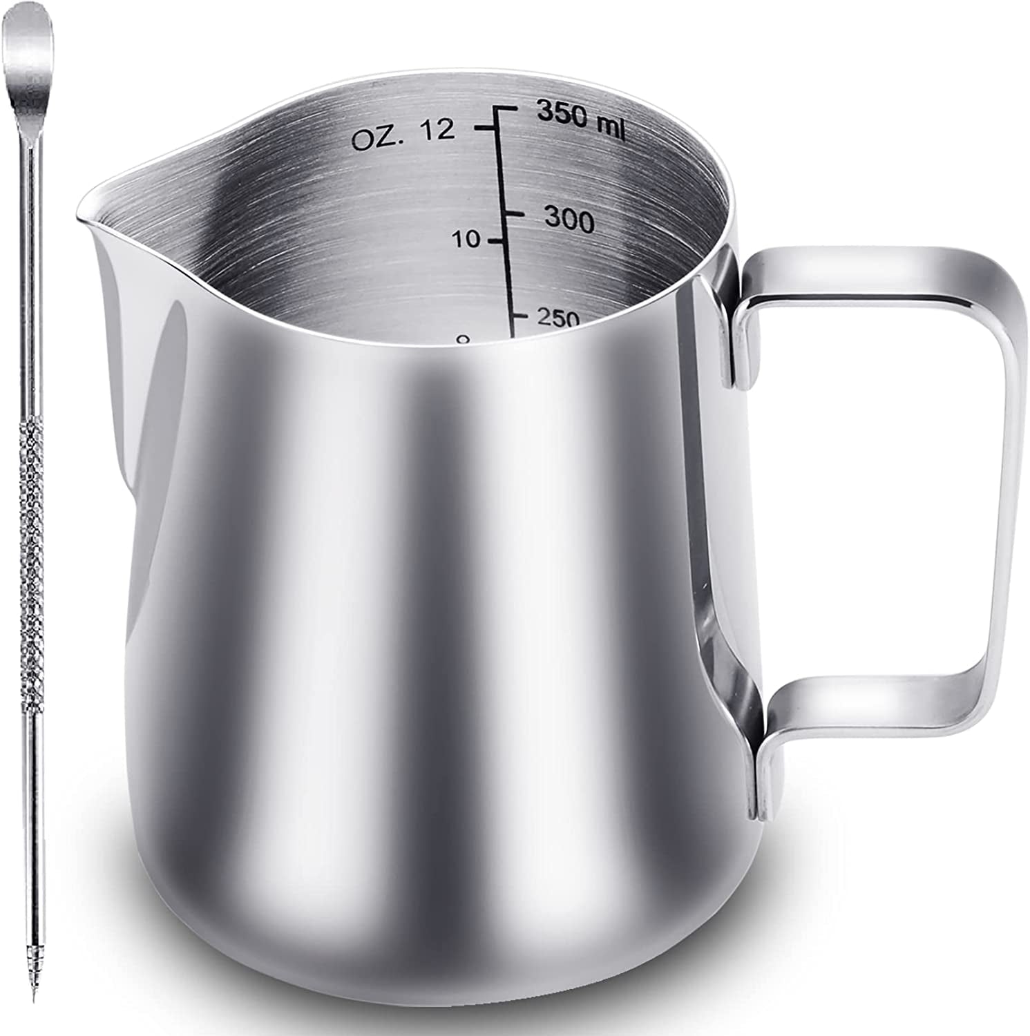 Stainless Steel Milk Frothing Pitcher 12 Oz, Espresso Steaming Pitcher with Decorating Pen for Espresso Machines, Cappuccino, Latte Art