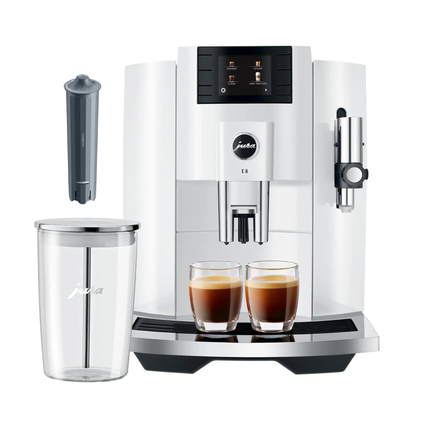 "Upgrade your morning coffee game with the E8 Automatic Espresso Machine in White! 🌟 Comes with Smart Filter Cartridge and Glass Milk Container for a perfect brew every time ☕ #coffeelovers #espressotime"