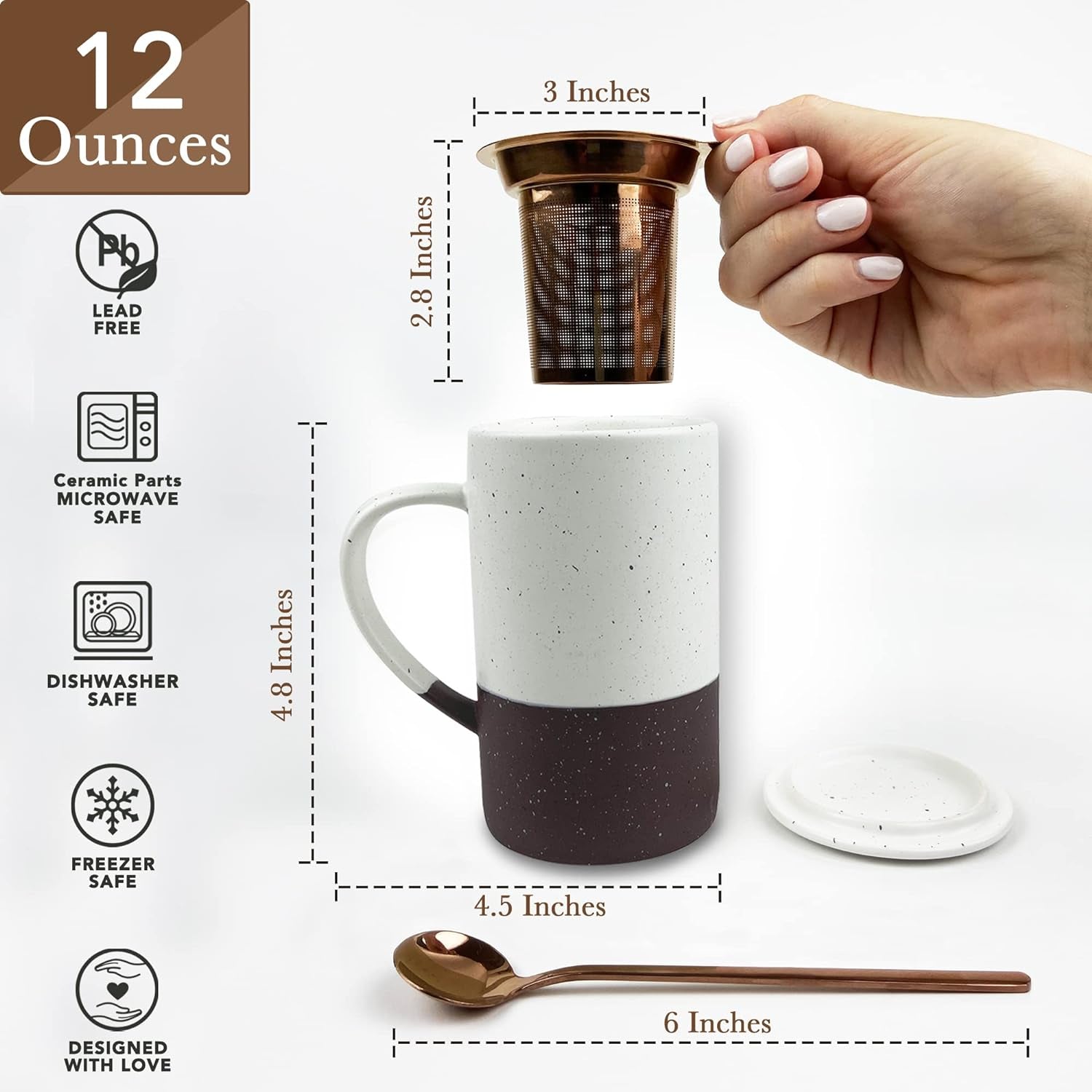 Tea Cup with Loose Leaf Infuser, Spoon and Lid, 12 Oz, Microwave and Dishwasher Safe Coffee Mug - Rustic Matte Ceramic Glaze, Modern Herbal Tea Strainer - Great Gift for Women, Garnet