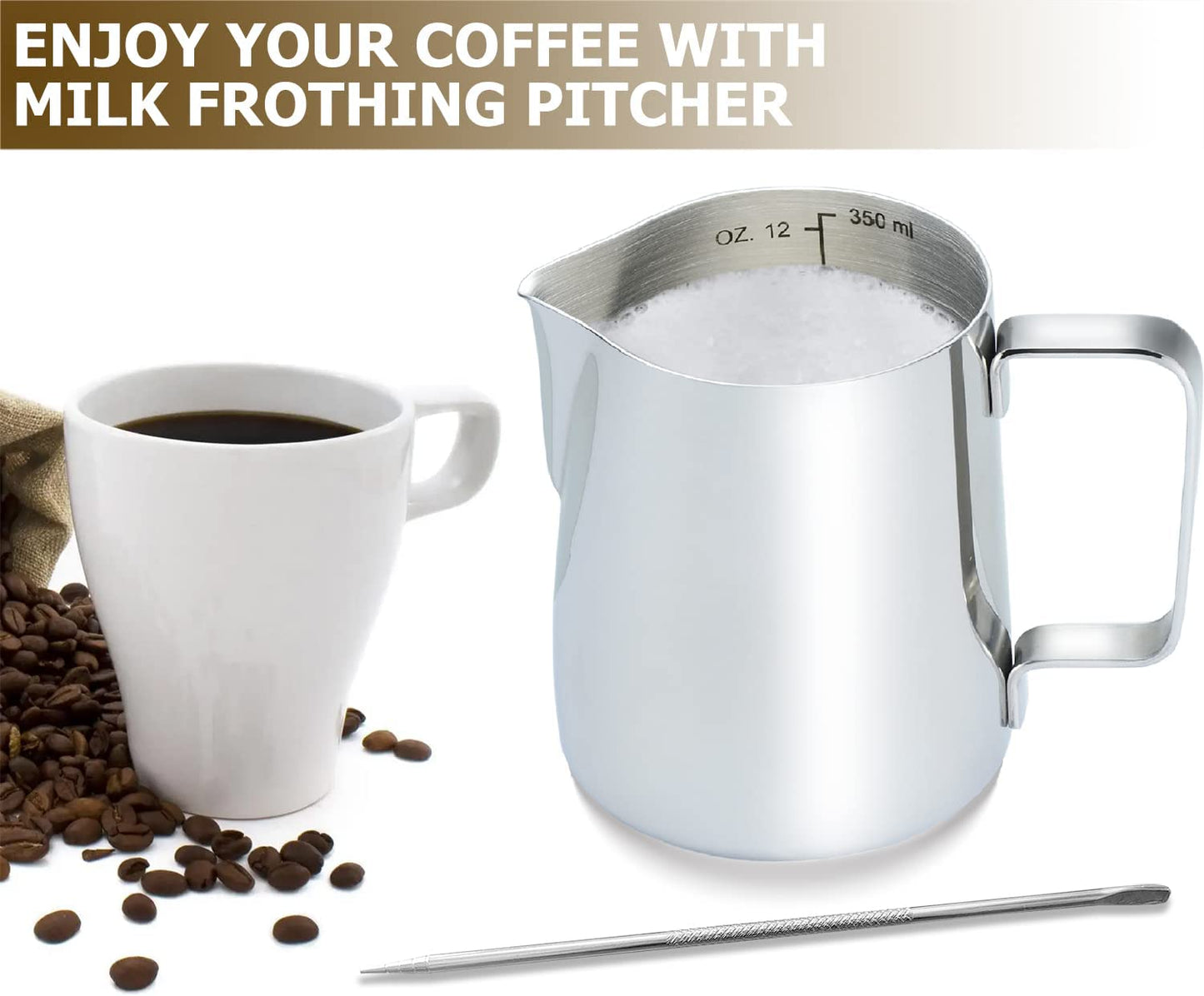 Stainless Steel Milk Frothing Pitcher 12 Oz, Espresso Steaming Pitcher with Decorating Pen for Espresso Machines, Cappuccino, Latte Art