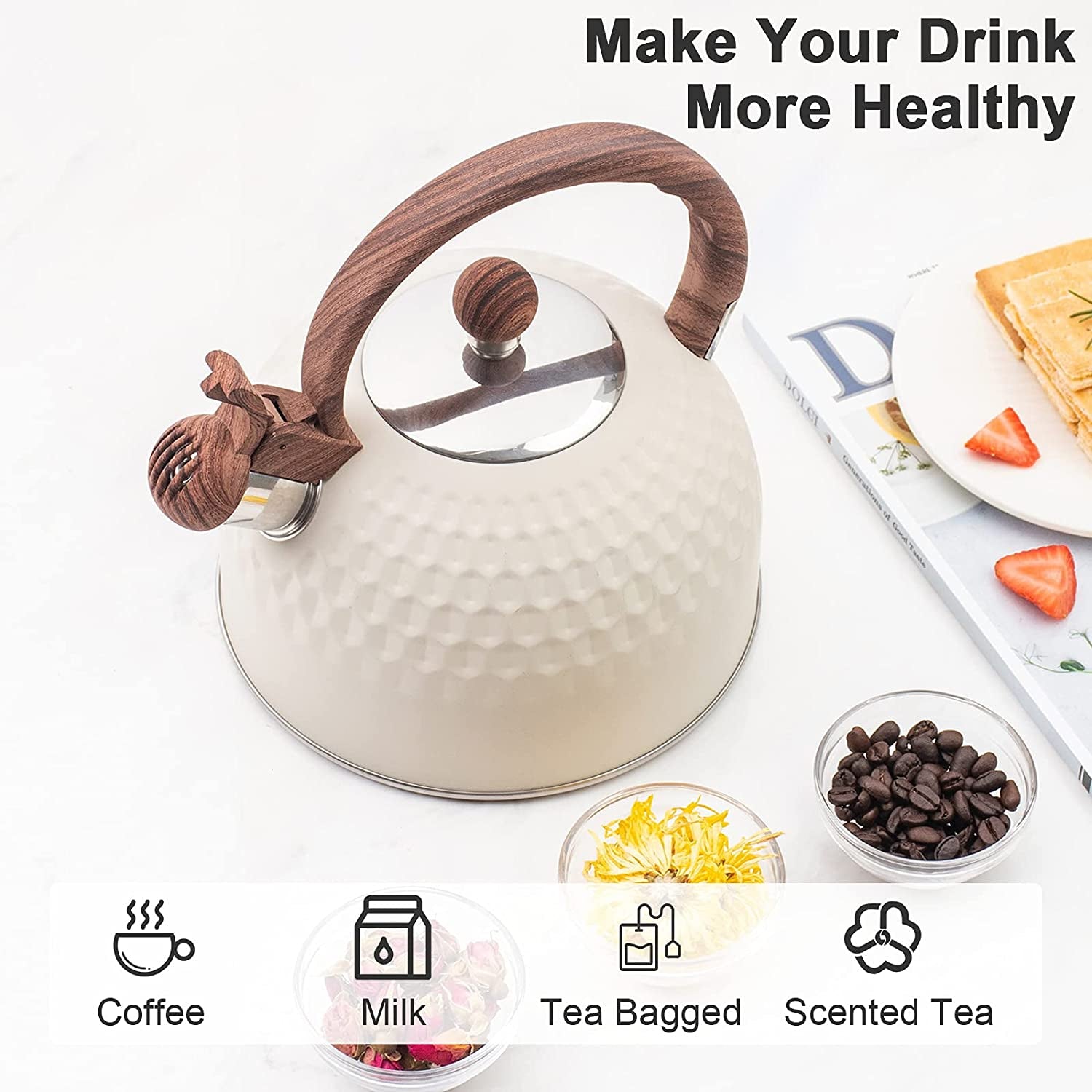 "🌿 Stylish Whistling Tea Kettle with Wood Grain Handle and Cover! 2.6 Quart Capacity 🍵 #TeaTime"