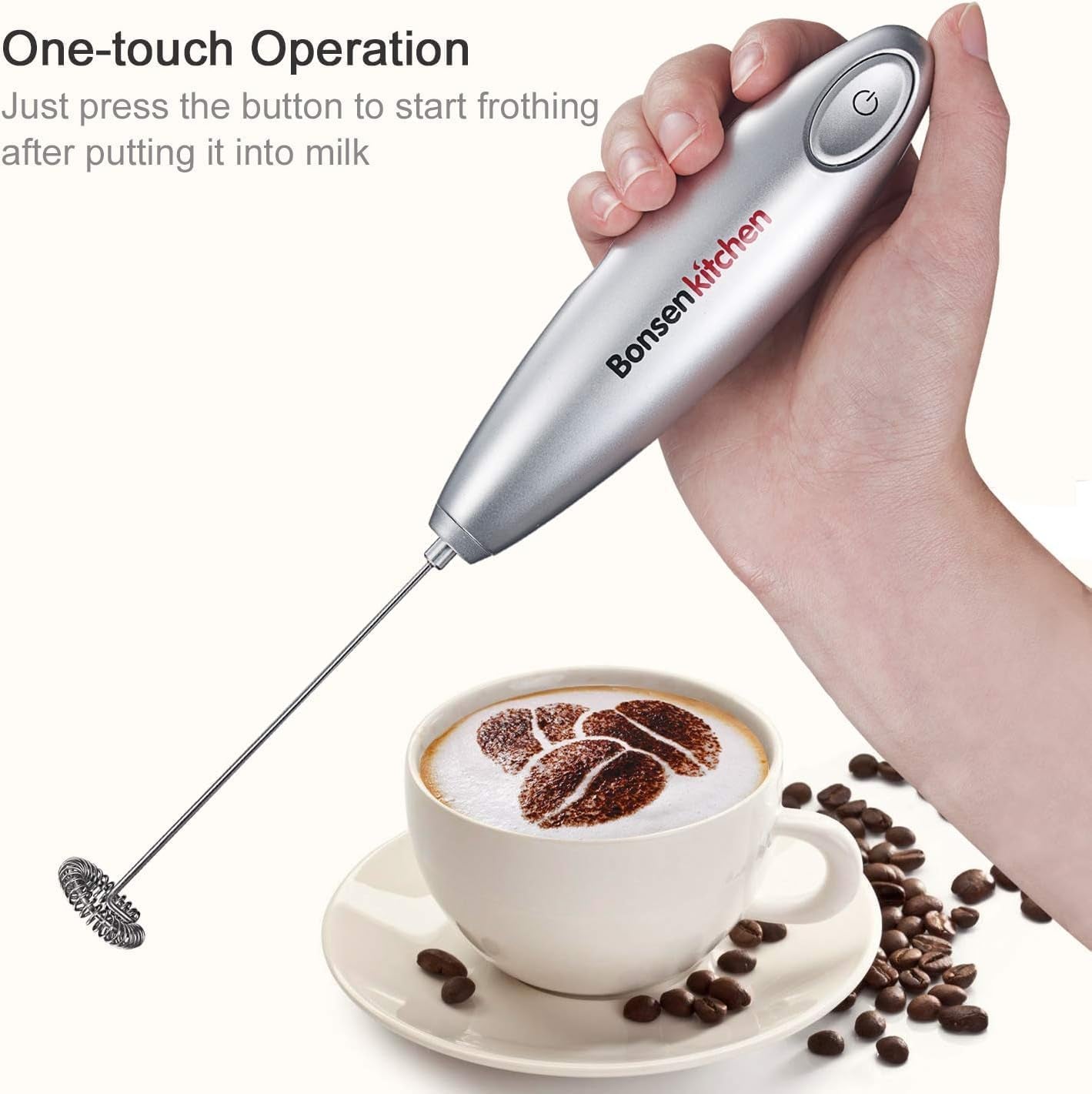 "🥛✨ Handheld Milk Frother for Coffee, Matcha, Hot Chocolate, Battery Operated Mini Drink Mixer in Silver. Get your foam on!"