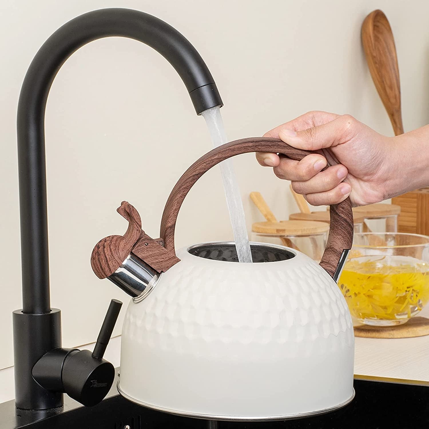 "🌿 Stylish Whistling Tea Kettle with Wood Grain Handle and Cover! 2.6 Quart Capacity 🍵 #TeaTime"