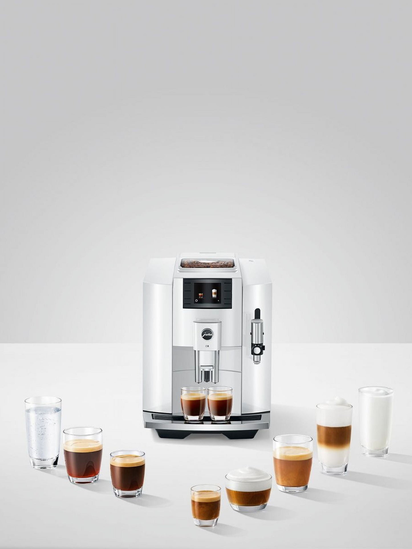 "Upgrade your morning coffee game with the E8 Automatic Espresso Machine in White! 🌟 Comes with Smart Filter Cartridge and Glass Milk Container for a perfect brew every time ☕ #coffeelovers #espressotime"